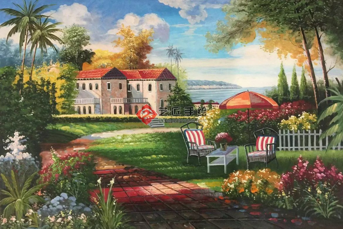 風景油畫 海邊 房子 椰樹